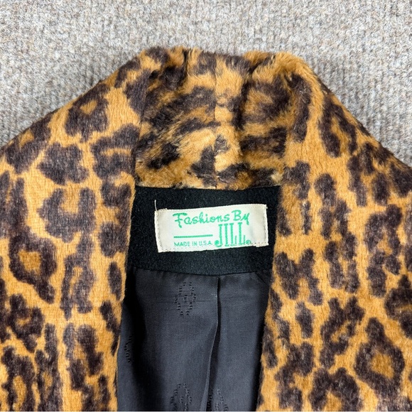 Vintage Black Open Front Wool Coat Leopard Fur Trim Women’s XL Mid Length Retro - Picture 4 of 16